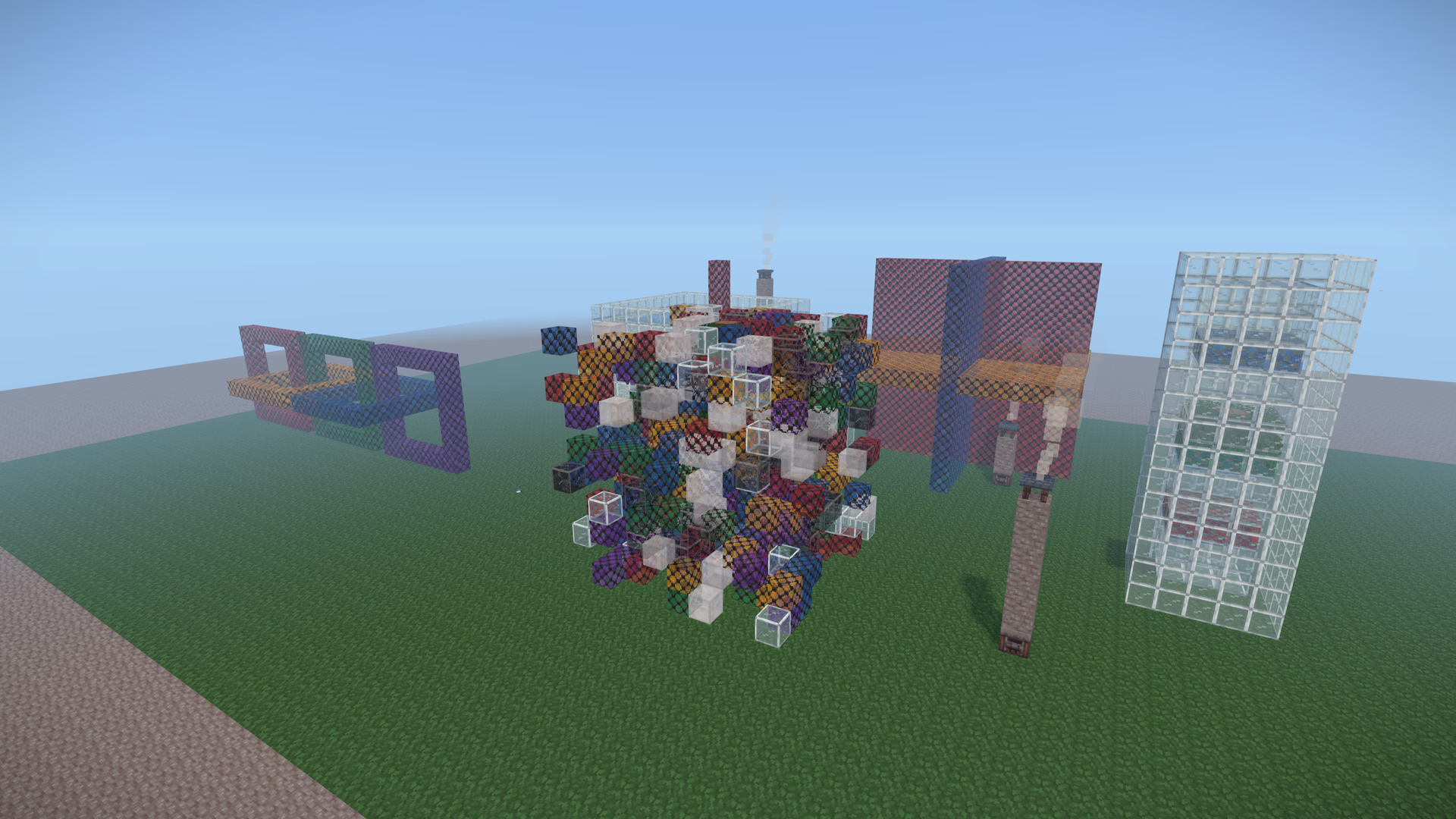 All the exhibits together: the chain, the scattered cube, the crossing planes, the tank and the layered tube
