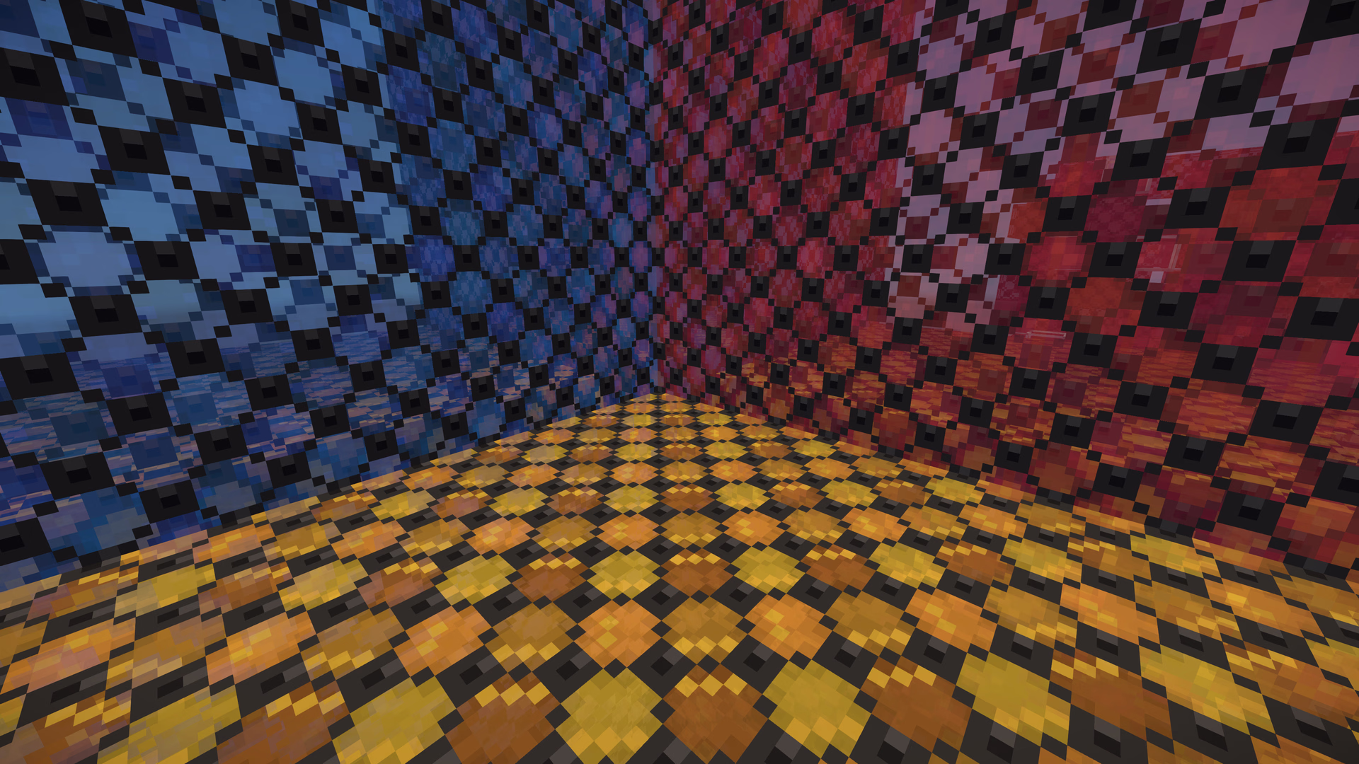 Standing inside one corner of the crossing planes, looking out through the blue and red planes over the amber one